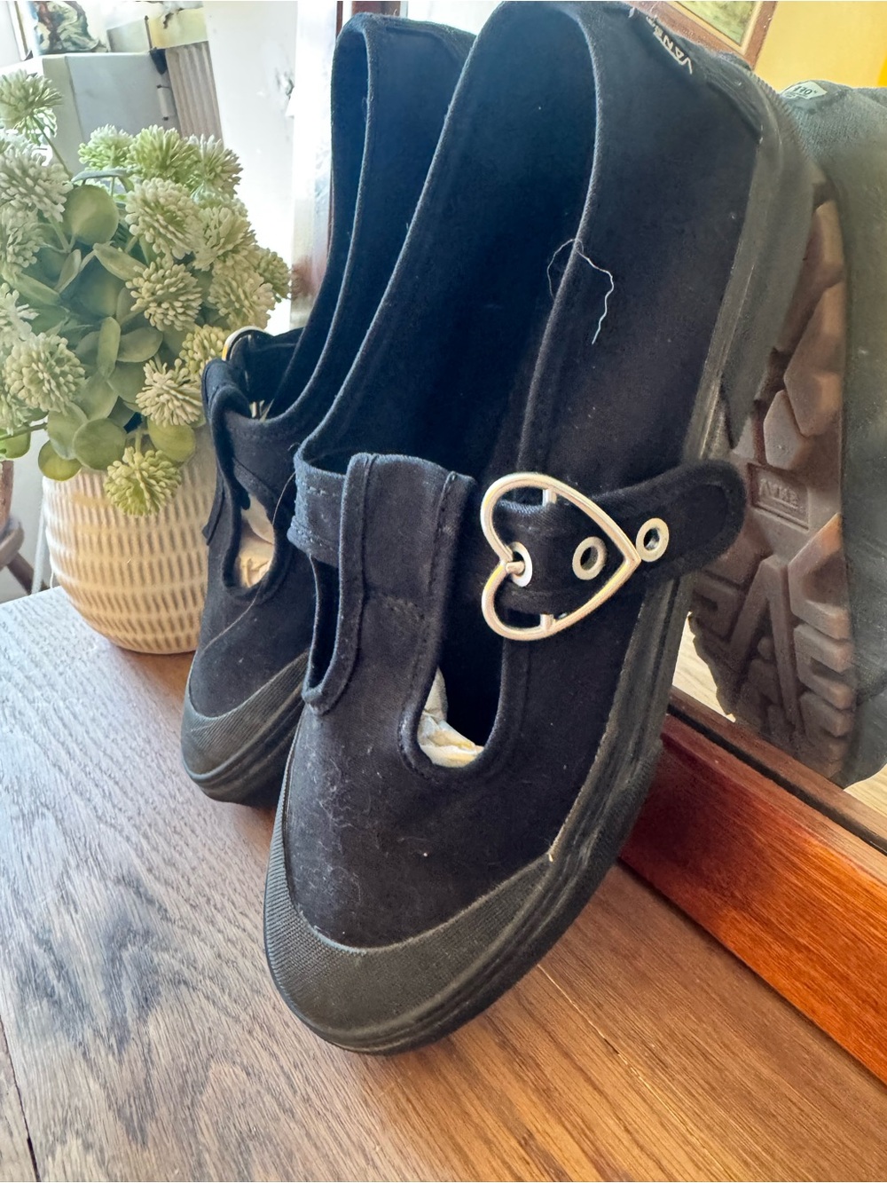 Vans Black Mary Jane Flats with Silver Heart Buckle